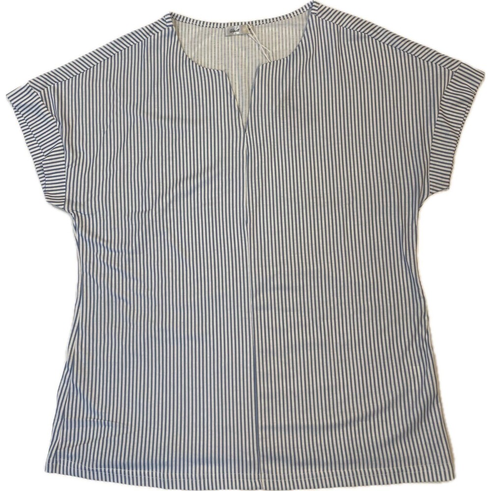 WIHOLL Blue White Striped V-Neck T-Shirt Women’s Medium Casual Short Sleeve Top